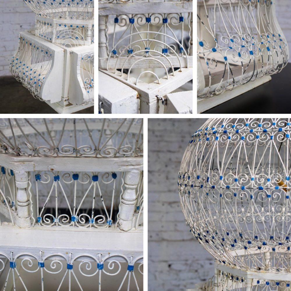 Early 20th Century Decorative Bird Cage Rustic North African Tunisian French Colonial White & Blue