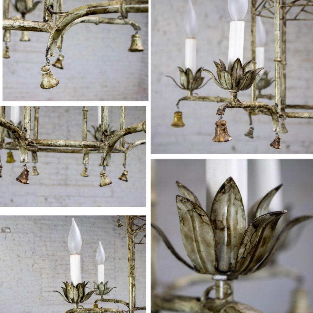 Mid-20th Century Chandelier Hollywood Regency Chinoiserie Antiqued Finish Faux Bamboo Fixture Body