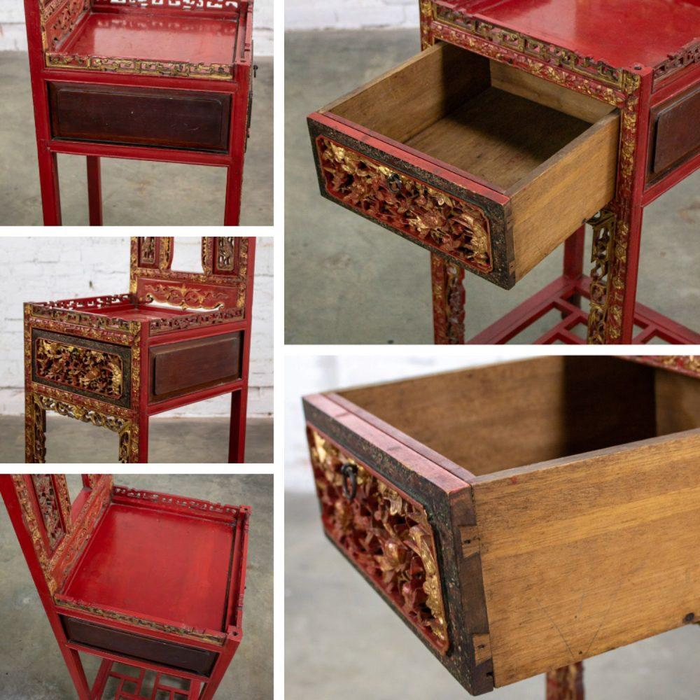 Late 19th to Early 20th Century Antique Chinese Wash Basin Stand Red Lacquer & Gilded w/Hand Carved Details