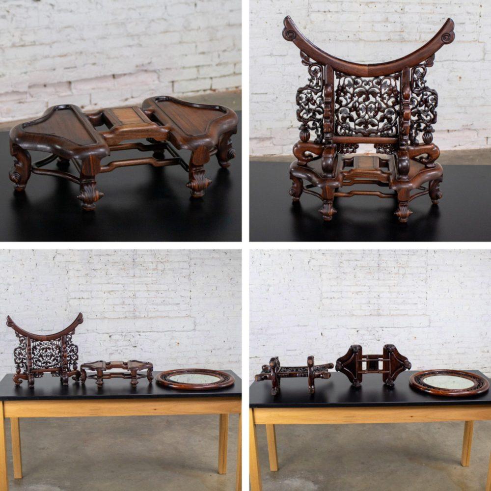 Late 19th to Early 20th Century Antique Chinese Mirror Table Screen Hand Carved Rosewood