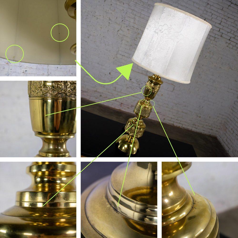 Mid-20th Century Chinoiserie Hollywood Regency Table Lamp Cast Brass w/Damask Fabric Shade