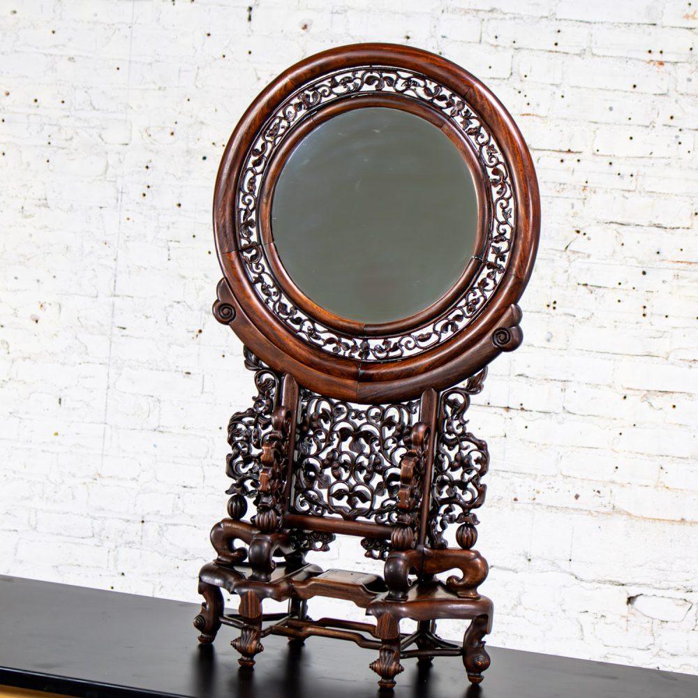 Late 19th to Early 20th Century Antique Chinese Mirror Table Screen Hand Carved Rosewood