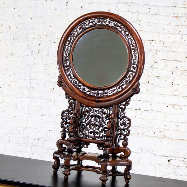 Late 19th to Early 20th Century Antique Chinese Mirror Table Screen Hand Carved Rosewood