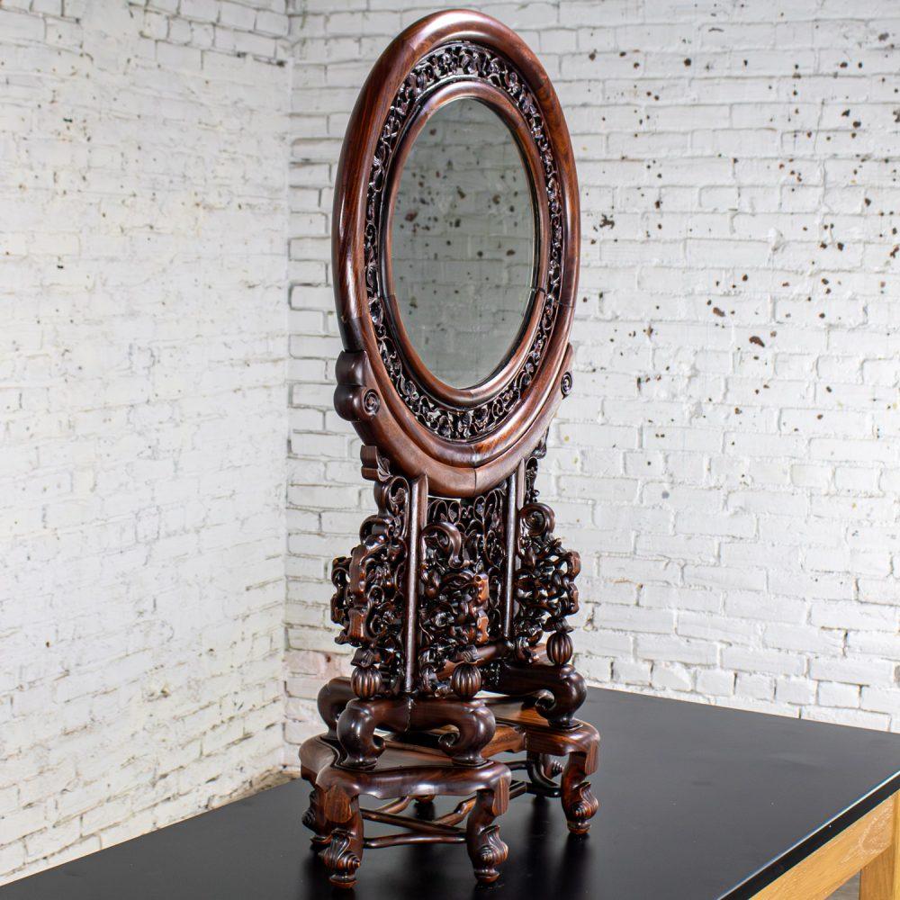Late 19th to Early 20th Century Antique Chinese Mirror Table Screen Hand Carved Rosewood