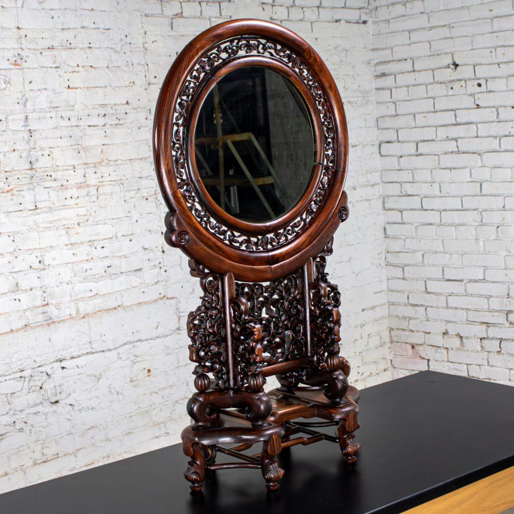Late 19th to Early 20th Century Antique Chinese Mirror Table Screen Hand Carved Rosewood