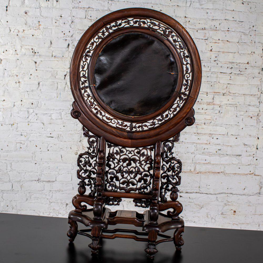 Late 19th to Early 20th Century Antique Chinese Mirror Table Screen Hand Carved Rosewood