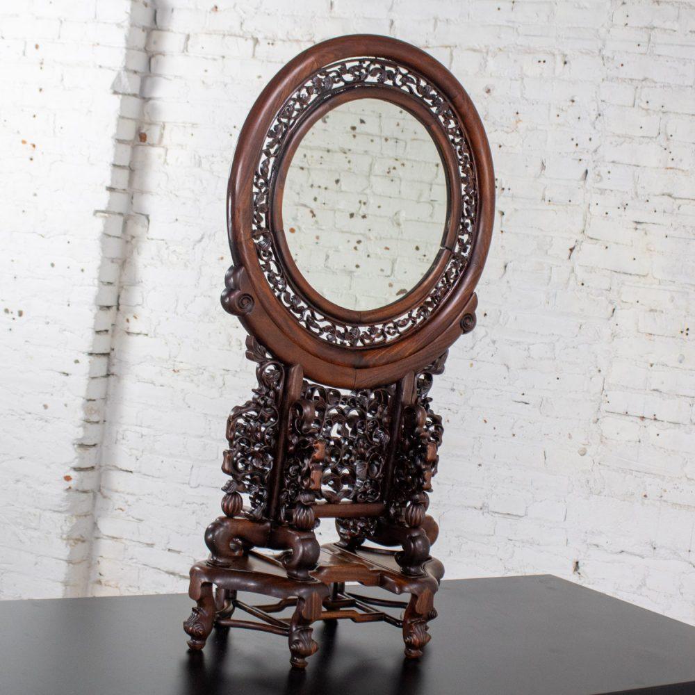 Late 19th to Early 20th Century Antique Chinese Mirror Table Screen Hand Carved Rosewood