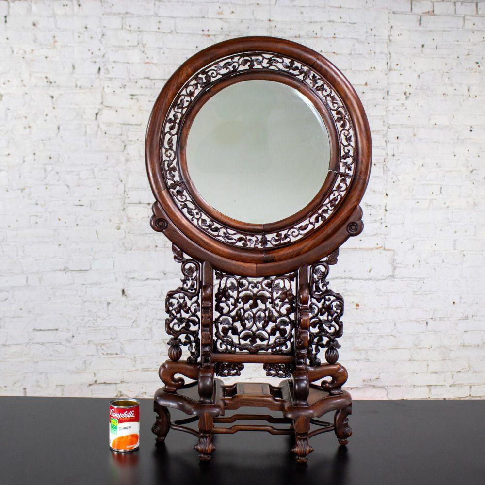 Late 19th to Early 20th Century Antique Chinese Mirror Table Screen Hand Carved Rosewood