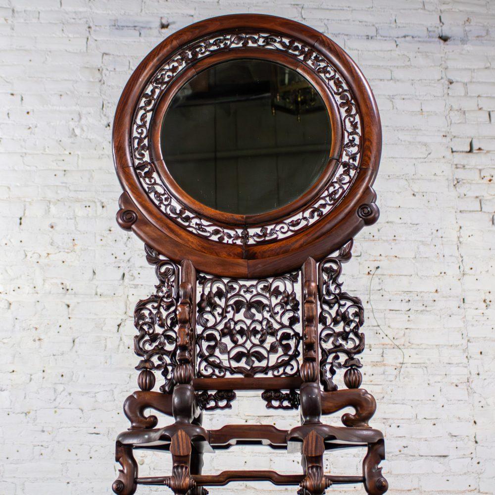 Late 19th to Early 20th Century Antique Chinese Mirror Table Screen Hand Carved Rosewood