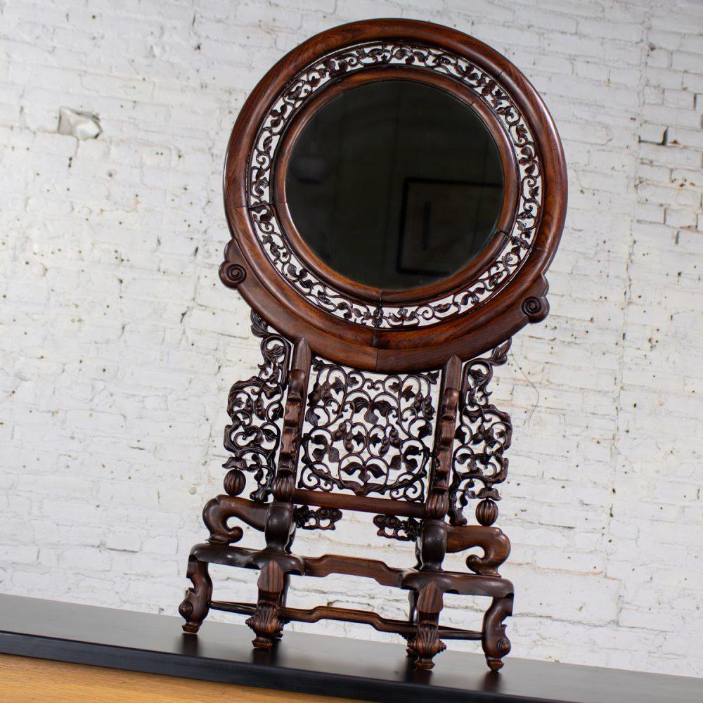 Late 19th to Early 20th Century Antique Chinese Mirror Table Screen Hand Carved Rosewood
