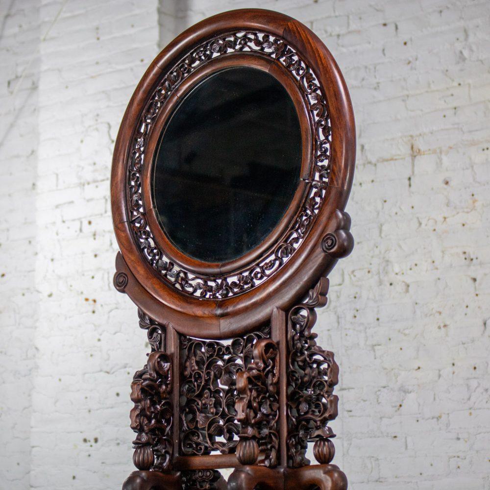 Late 19th to Early 20th Century Antique Chinese Mirror Table Screen Hand Carved Rosewood
