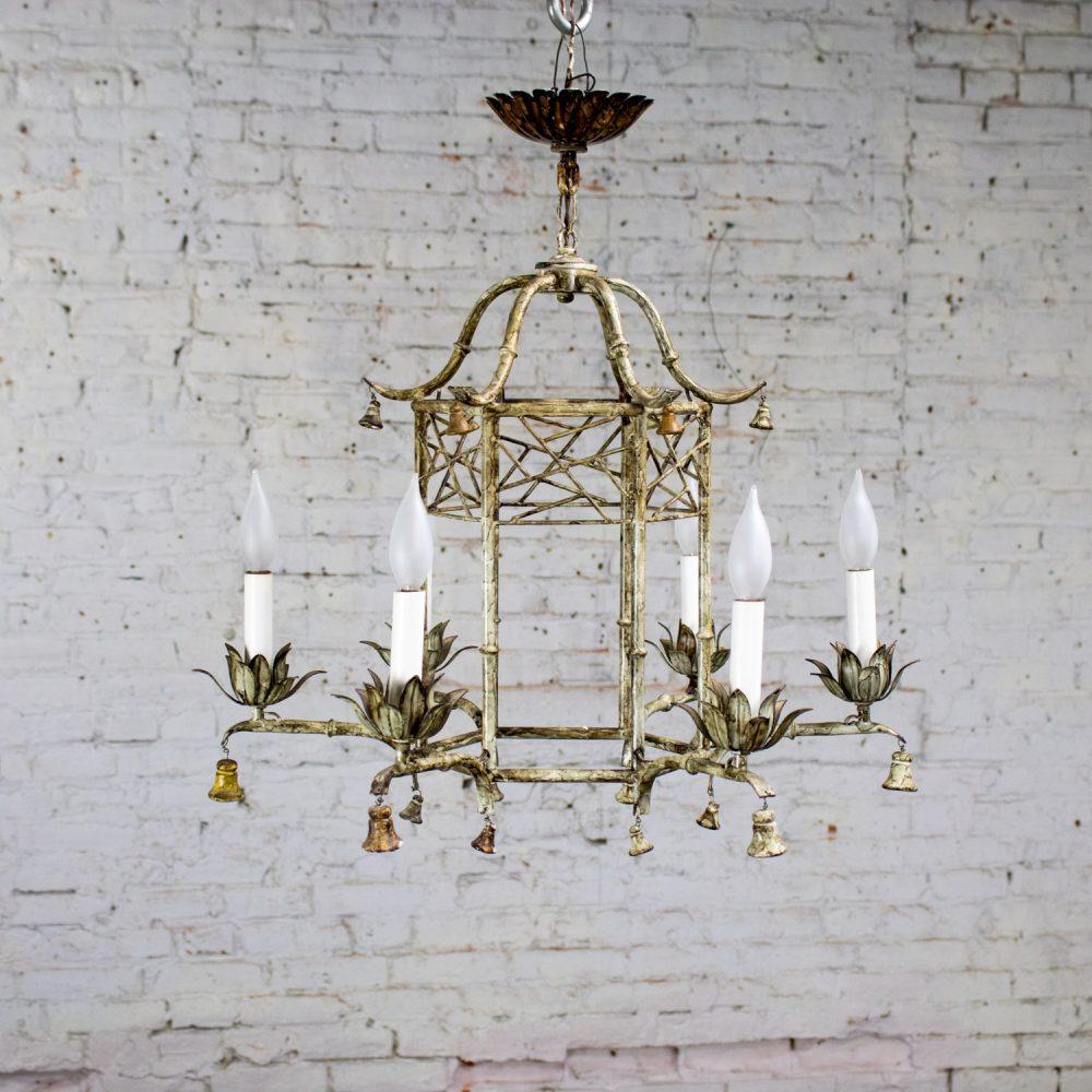 Mid-20th Century Chandelier Hollywood Regency Chinoiserie Antiqued Finish Faux Bamboo Fixture Body