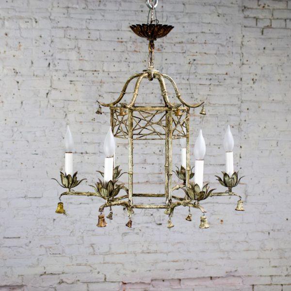Mid-20th Century Chandelier Hollywood Regency Chinoiserie Antiqued Finish Faux Bamboo Fixture Body