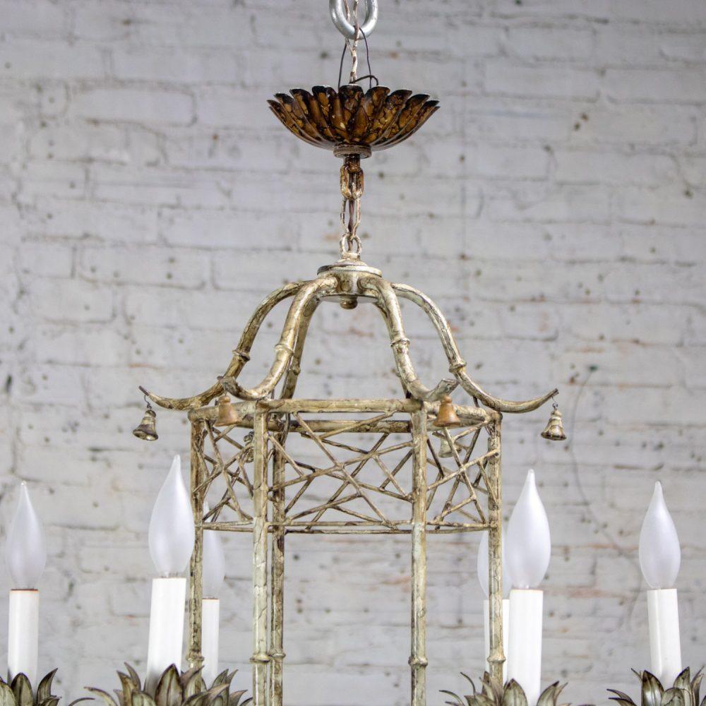 Mid-20th Century Chandelier Hollywood Regency Chinoiserie Antiqued Finish Faux Bamboo Fixture Body