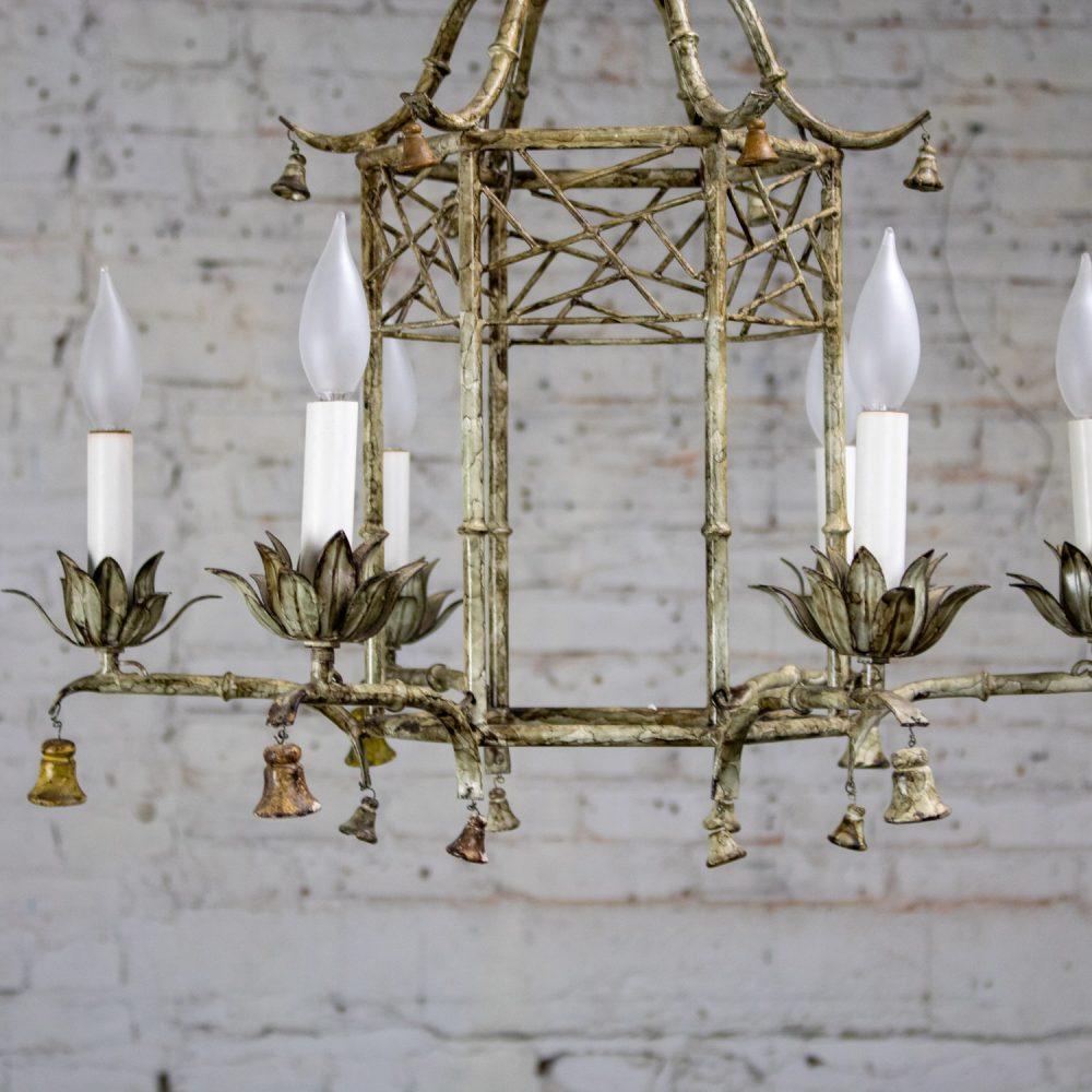 Mid-20th Century Chandelier Hollywood Regency Chinoiserie Antiqued Finish Faux Bamboo Fixture Body