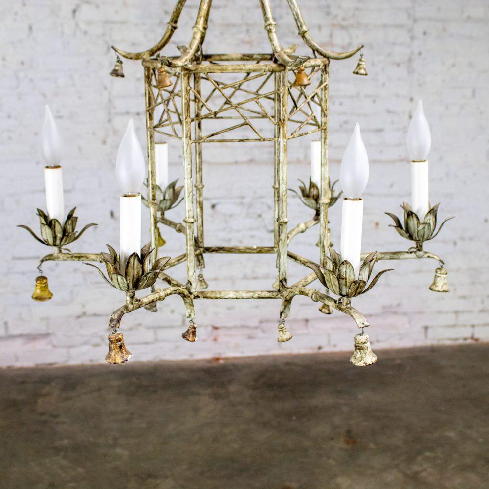Mid-20th Century Chandelier Hollywood Regency Chinoiserie Antiqued Finish Faux Bamboo Fixture Body