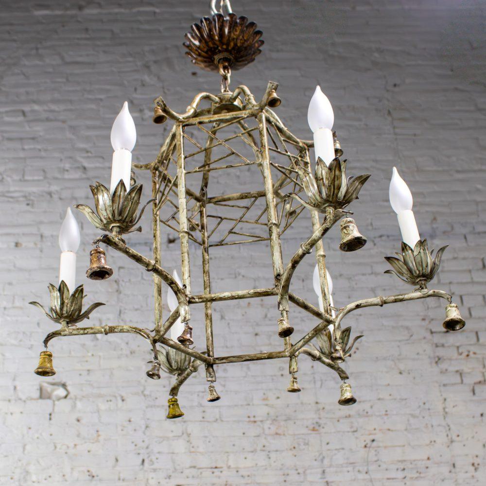 Mid-20th Century Chandelier Hollywood Regency Chinoiserie Antiqued Finish Faux Bamboo Fixture Body