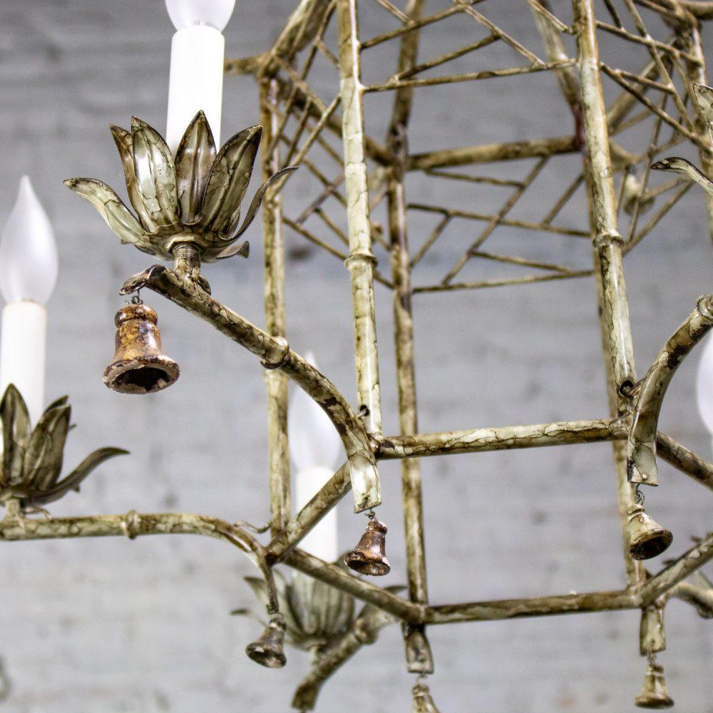 Mid-20th Century Chandelier Hollywood Regency Chinoiserie Antiqued Finish Faux Bamboo Fixture Body