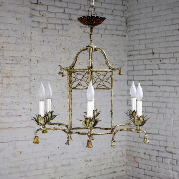 Mid-20th Century Chandelier Hollywood Regency Chinoiserie Antiqued Finish Faux Bamboo Fixture Body