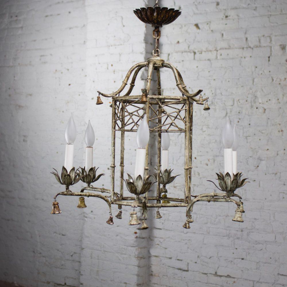 Mid-20th Century Chandelier Hollywood Regency Chinoiserie Antiqued Finish Faux Bamboo Fixture Body