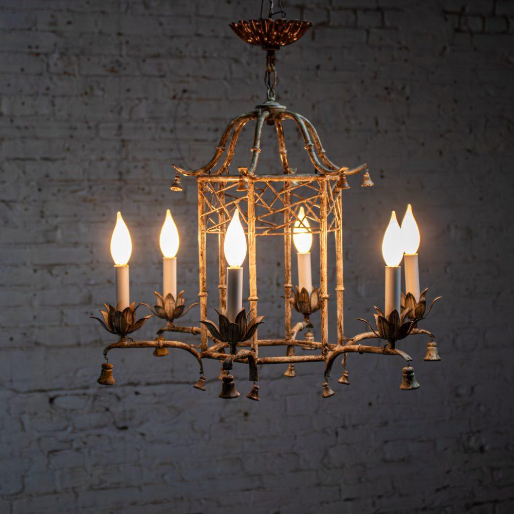 Mid-20th Century Chandelier Hollywood Regency Chinoiserie Antiqued Finish Faux Bamboo Fixture Body