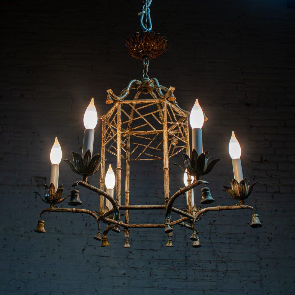 Mid-20th Century Chandelier Hollywood Regency Chinoiserie Antiqued Finish Faux Bamboo Fixture Body