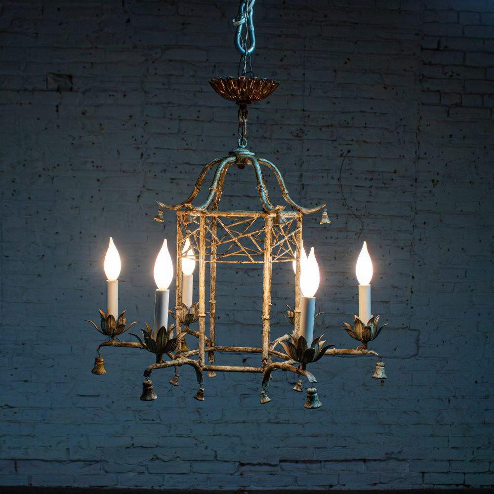 Mid-20th Century Chandelier Hollywood Regency Chinoiserie Antiqued Finish Faux Bamboo Fixture Body