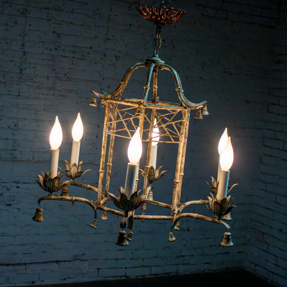 Mid-20th Century Chandelier Hollywood Regency Chinoiserie Antiqued Finish Faux Bamboo Fixture Body