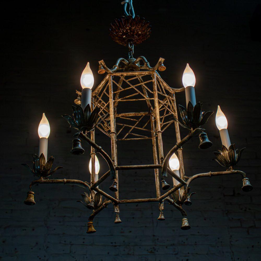 Mid-20th Century Chandelier Hollywood Regency Chinoiserie Antiqued Finish Faux Bamboo Fixture Body