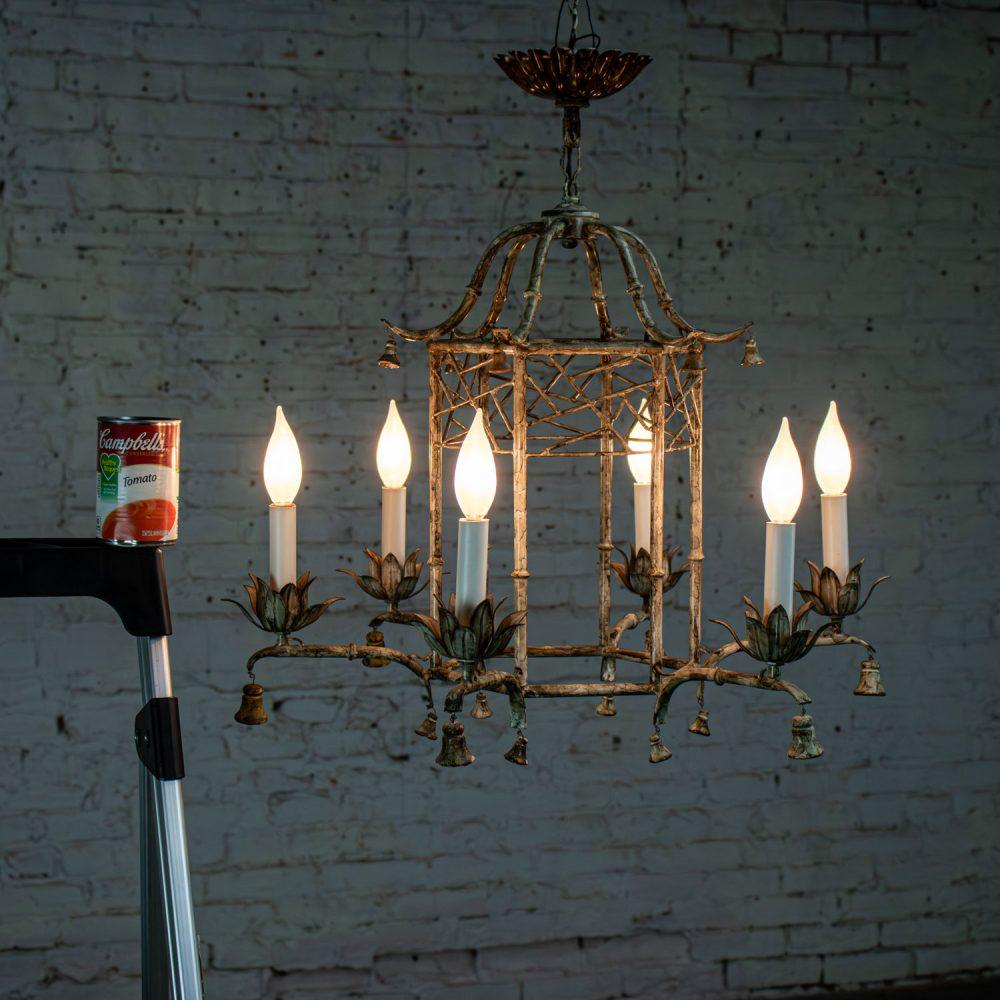 Mid-20th Century Chandelier Hollywood Regency Chinoiserie Antiqued Finish Faux Bamboo Fixture Body