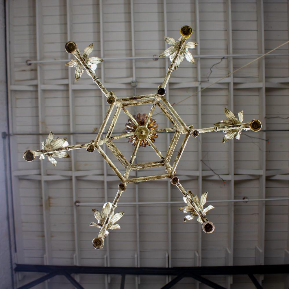 Mid-20th Century Chandelier Hollywood Regency Chinoiserie Antiqued Finish Faux Bamboo Fixture Body