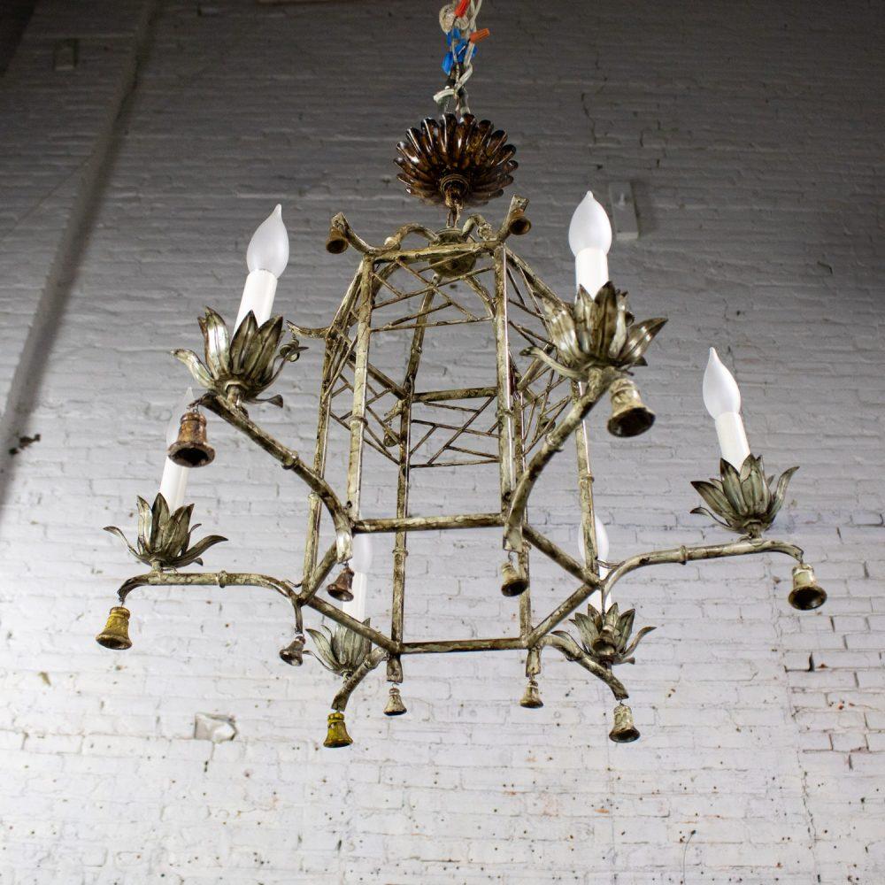 Mid-20th Century Chandelier Hollywood Regency Chinoiserie Antiqued Finish Faux Bamboo Fixture Body
