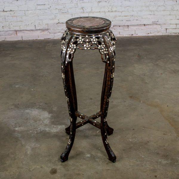 Late 19th to Early 20th Century Chinese Rosewood Plant Stand or Pedestal Table with Mother of Pearl Details