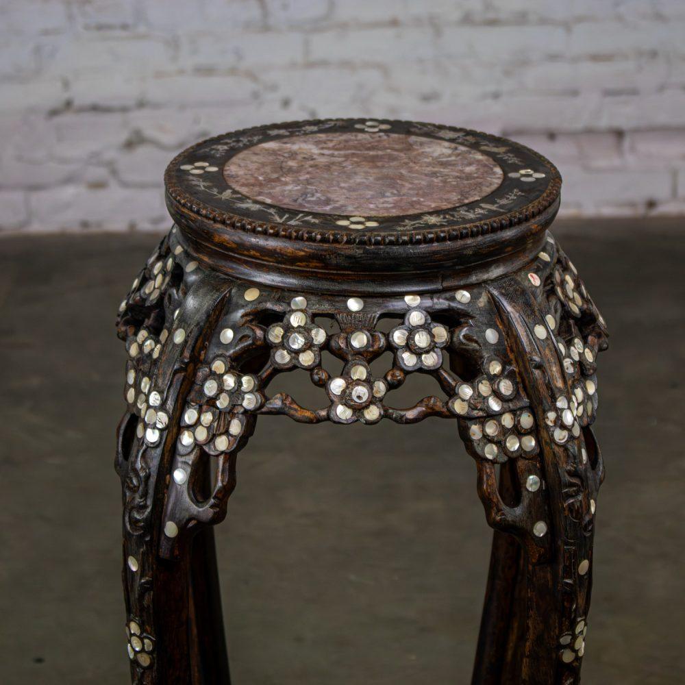 Late 19th to Early 20th Century Chinese Rosewood Plant Stand or Pedestal Table with Mother of Pearl Details