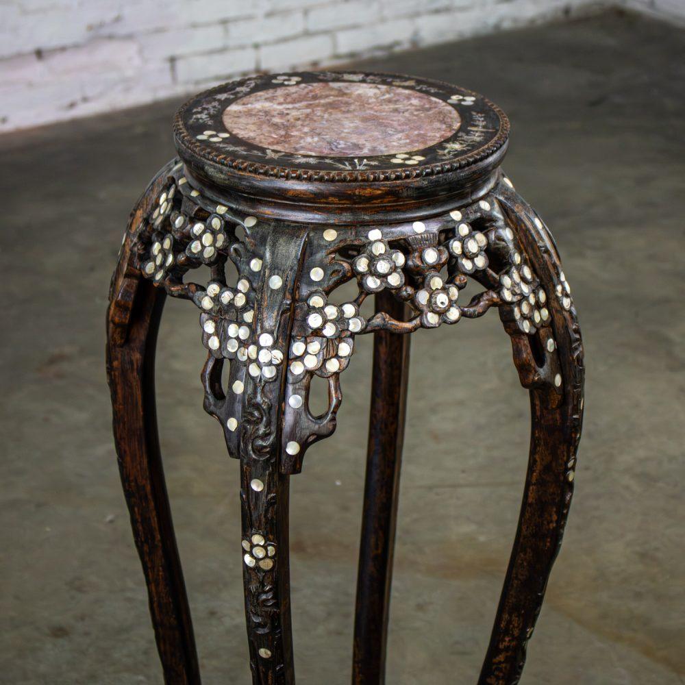 Late 19th to Early 20th Century Chinese Rosewood Plant Stand or Pedestal Table with Mother of Pearl Details