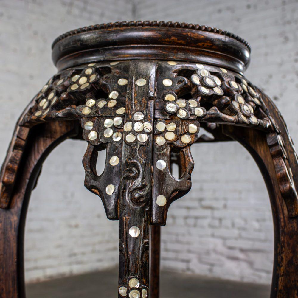 Late 19th to Early 20th Century Chinese Rosewood Plant Stand or Pedestal Table with Mother of Pearl Details