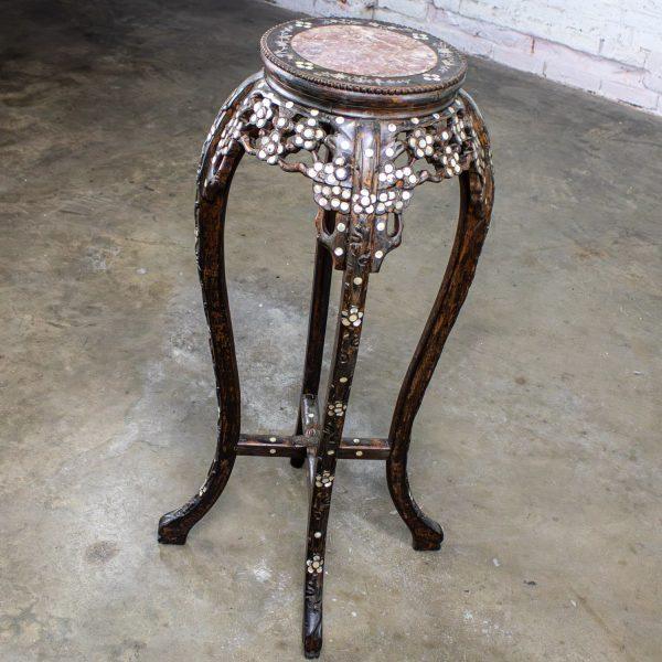 Late 19th to Early 20th Century Chinese Rosewood Plant Stand or Pedestal Table with Mother of Pearl Details