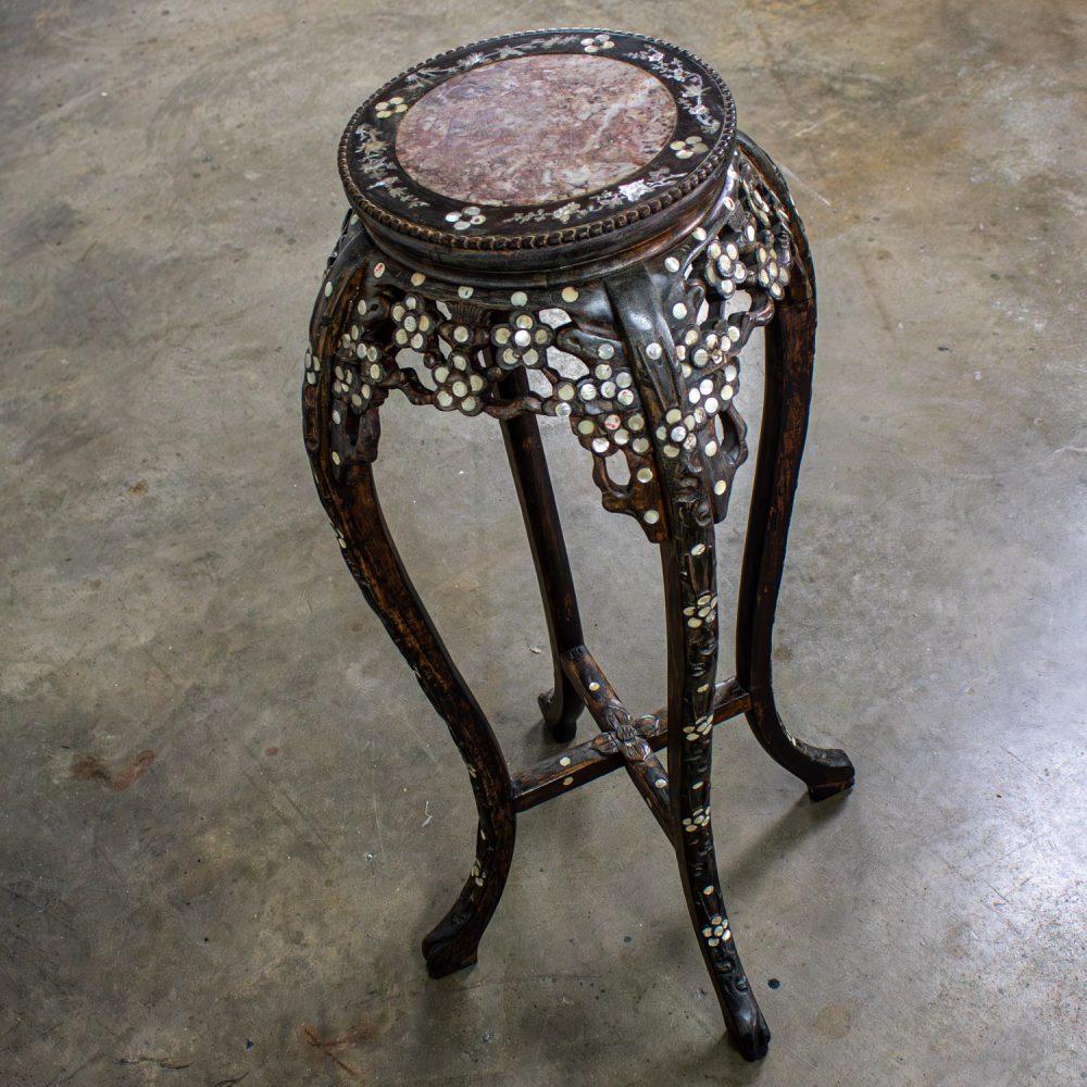 Late 19th to Early 20th Century Chinese Rosewood Plant Stand or Pedestal Table with Mother of Pearl Details