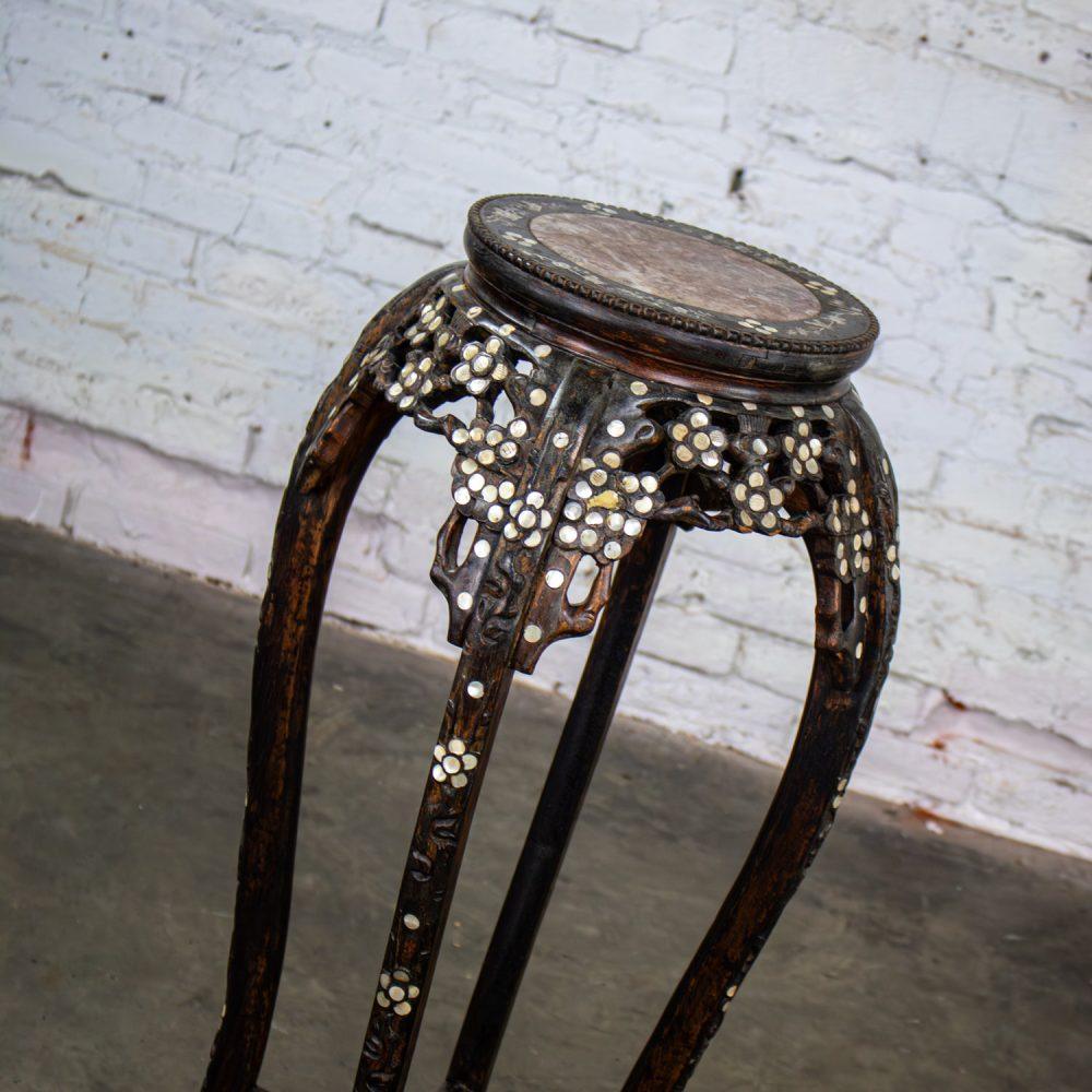Late 19th to Early 20th Century Chinese Rosewood Plant Stand or Pedestal Table with Mother of Pearl Details