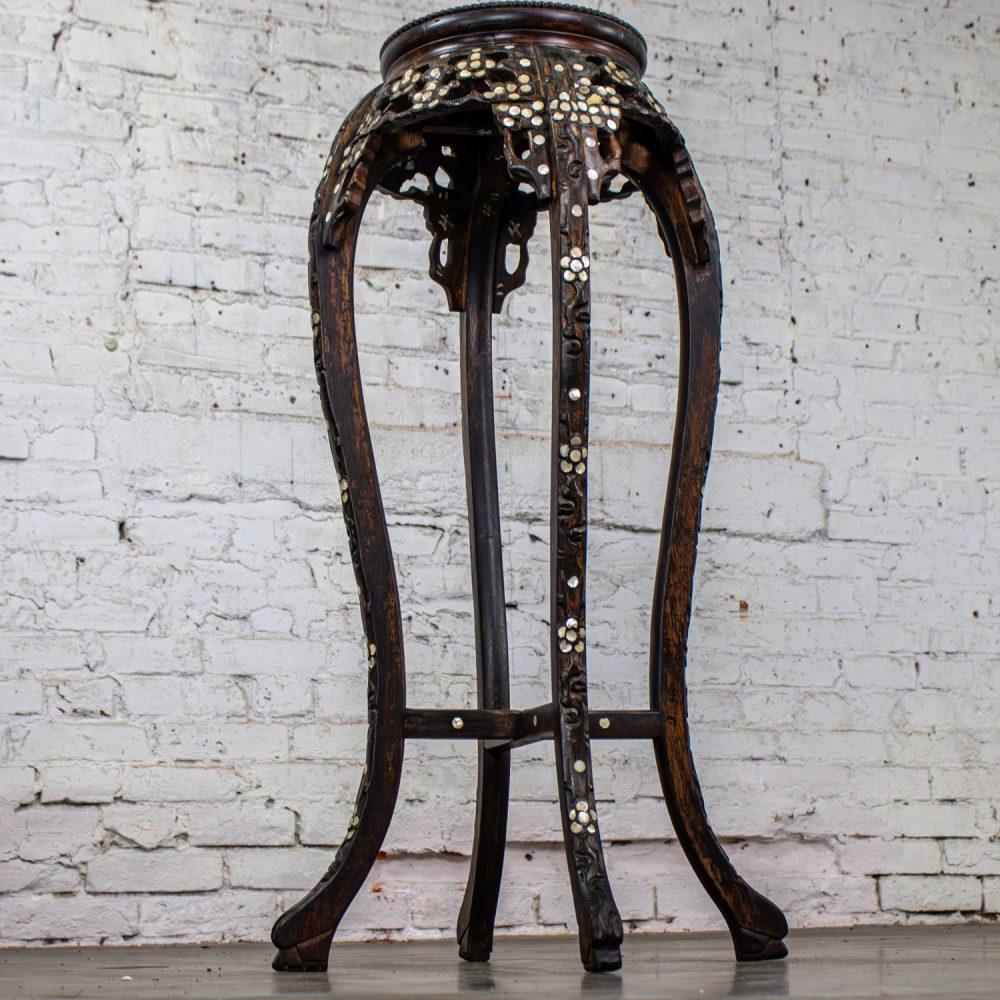 Late 19th to Early 20th Century Chinese Rosewood Plant Stand or Pedestal Table with Mother of Pearl Details