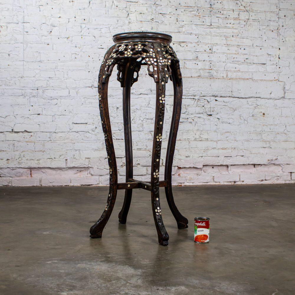 Late 19th to Early 20th Century Chinese Rosewood Plant Stand or Pedestal Table with Mother of Pearl Details