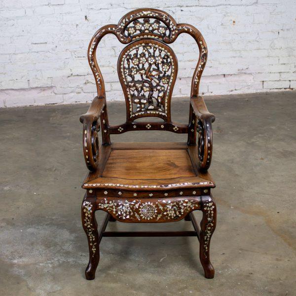 Late 19th to Early 20th Century Chinese Rosewood Armchair with Mother of Pearl Inlaid Details