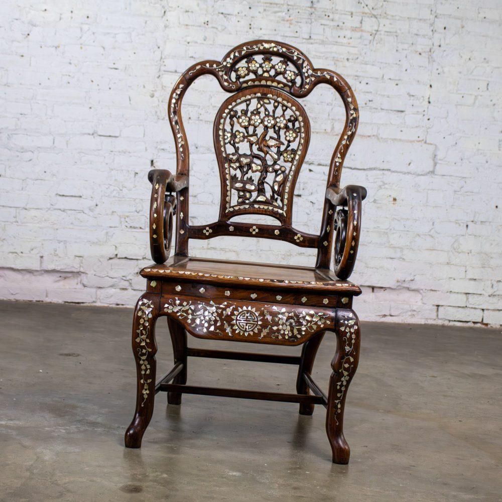 Late 19th to Early 20th Century Chinese Rosewood Armchair with Mother of Pearl Inlaid Details