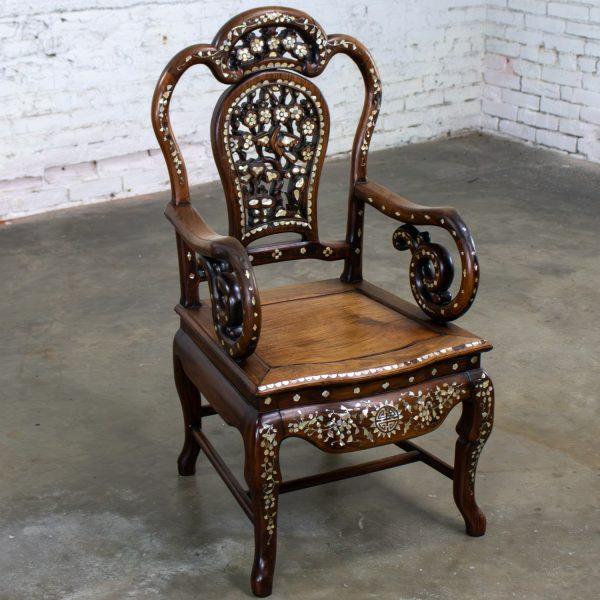Late 19th to Early 20th Century Chinese Rosewood Armchair with Mother of Pearl Inlaid Details