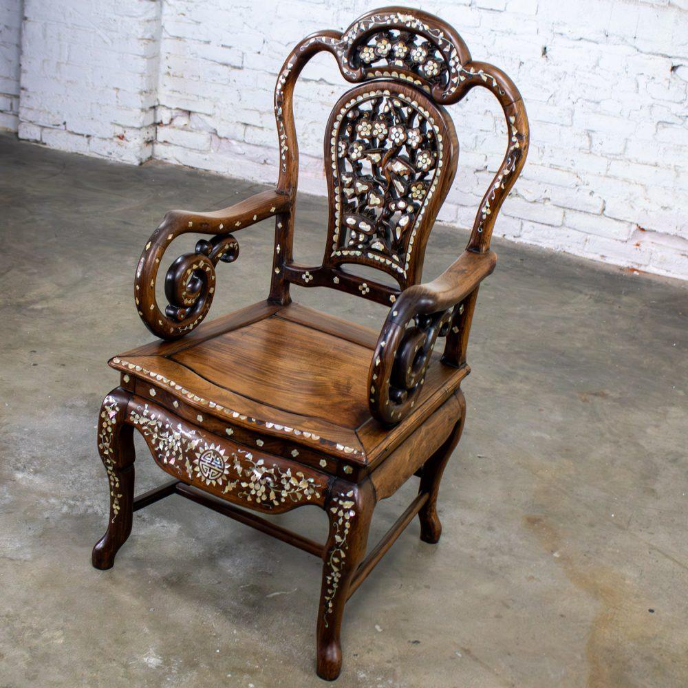 Late 19th to Early 20th Century Chinese Rosewood Armchair with Mother of Pearl Inlaid Details