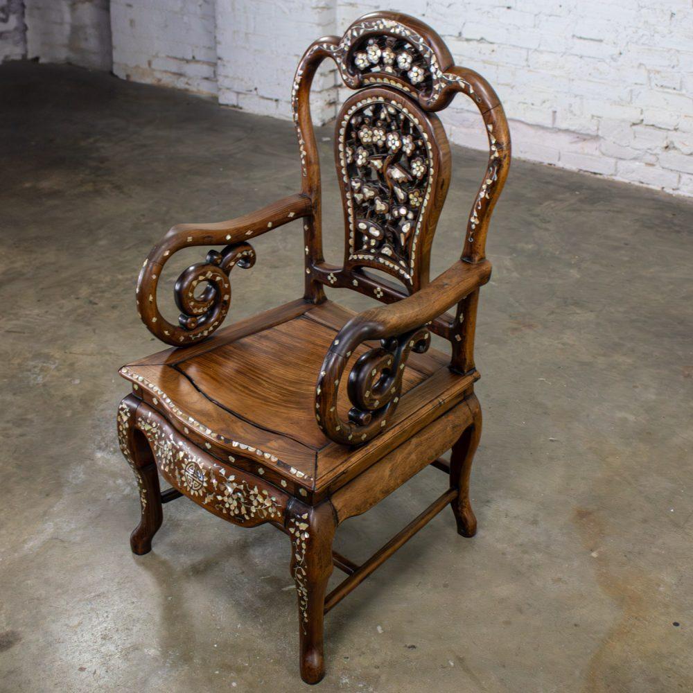 Late 19th to Early 20th Century Chinese Rosewood Armchair with Mother of Pearl Inlaid Details