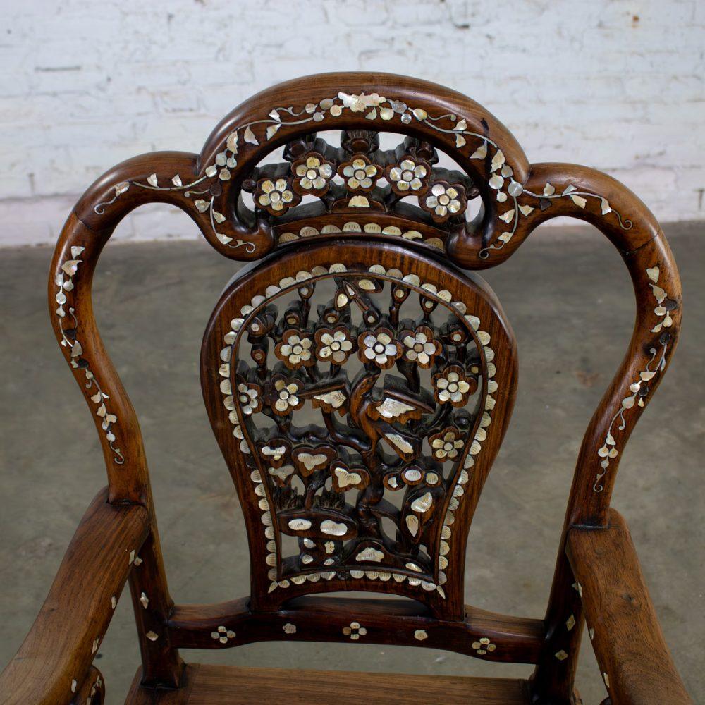 Late 19th to Early 20th Century Chinese Rosewood Armchair with Mother of Pearl Inlaid Details
