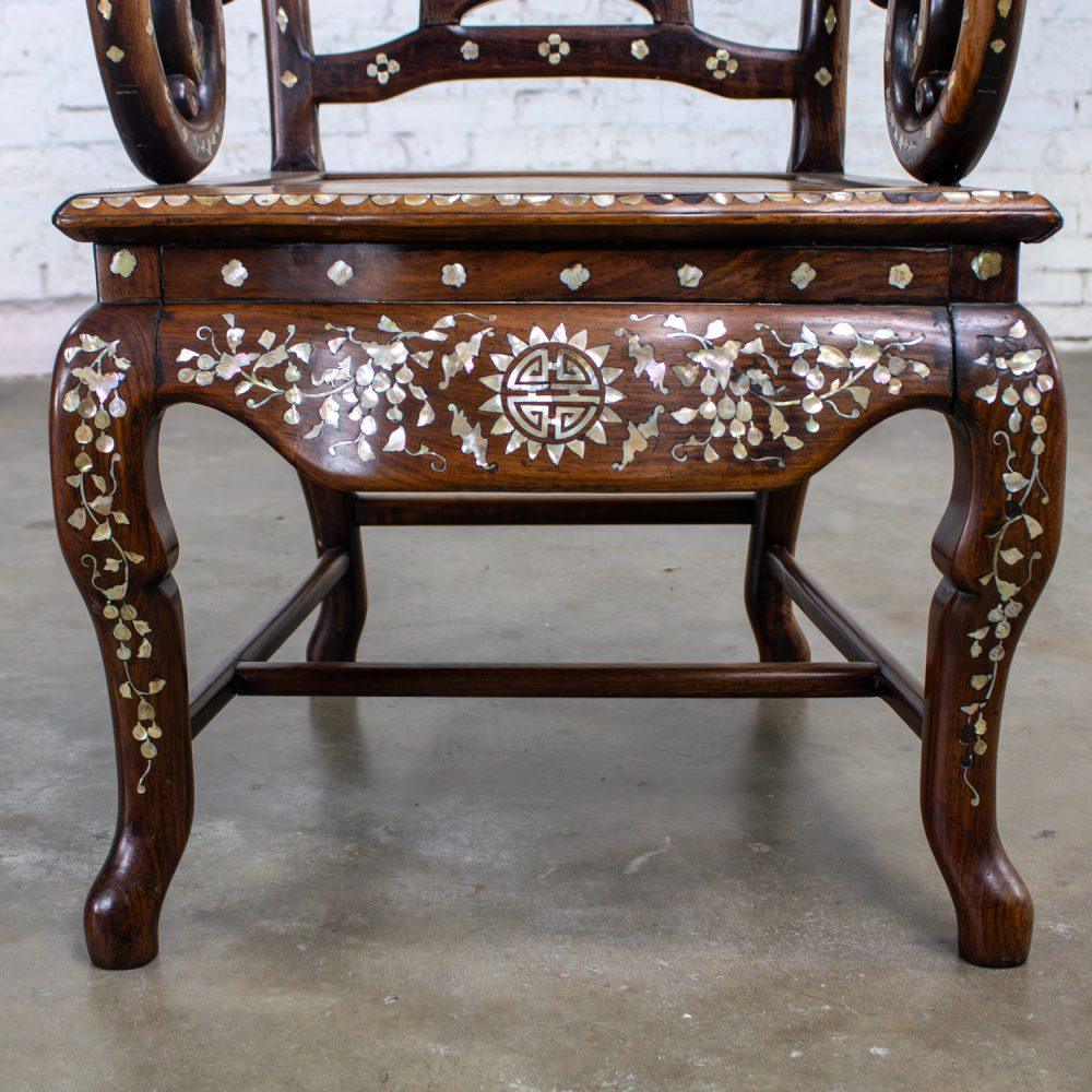 Late 19th to Early 20th Century Chinese Rosewood Armchair with Mother of Pearl Inlaid Details