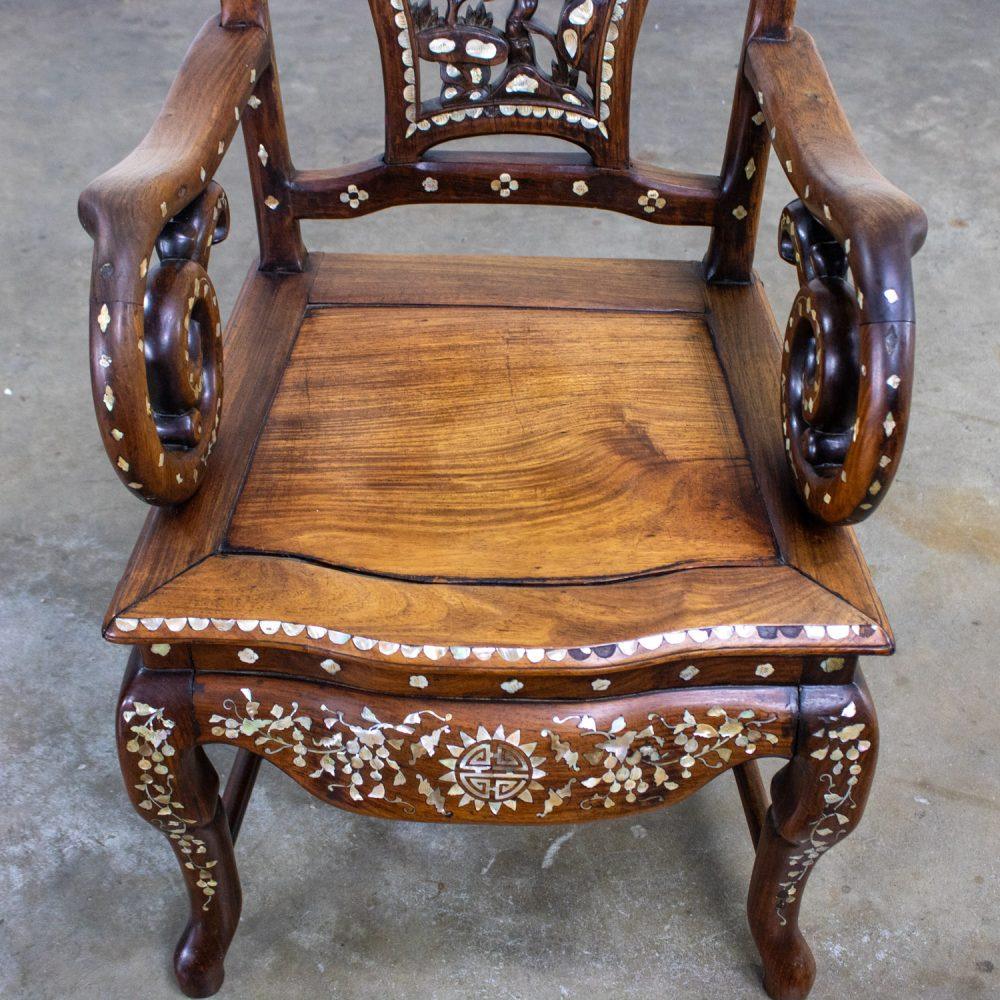 Late 19th to Early 20th Century Chinese Rosewood Armchair with Mother of Pearl Inlaid Details