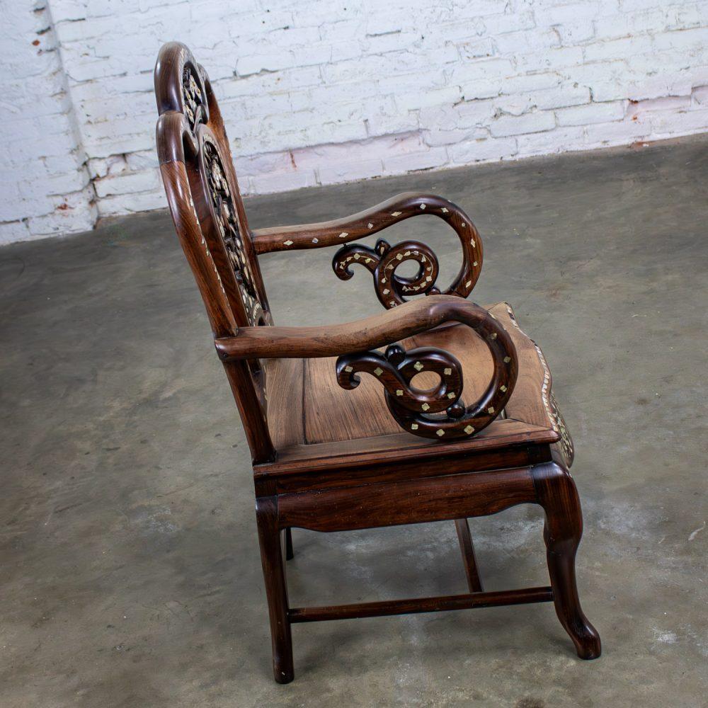 Late 19th to Early 20th Century Chinese Rosewood Armchair with Mother of Pearl Inlaid Details